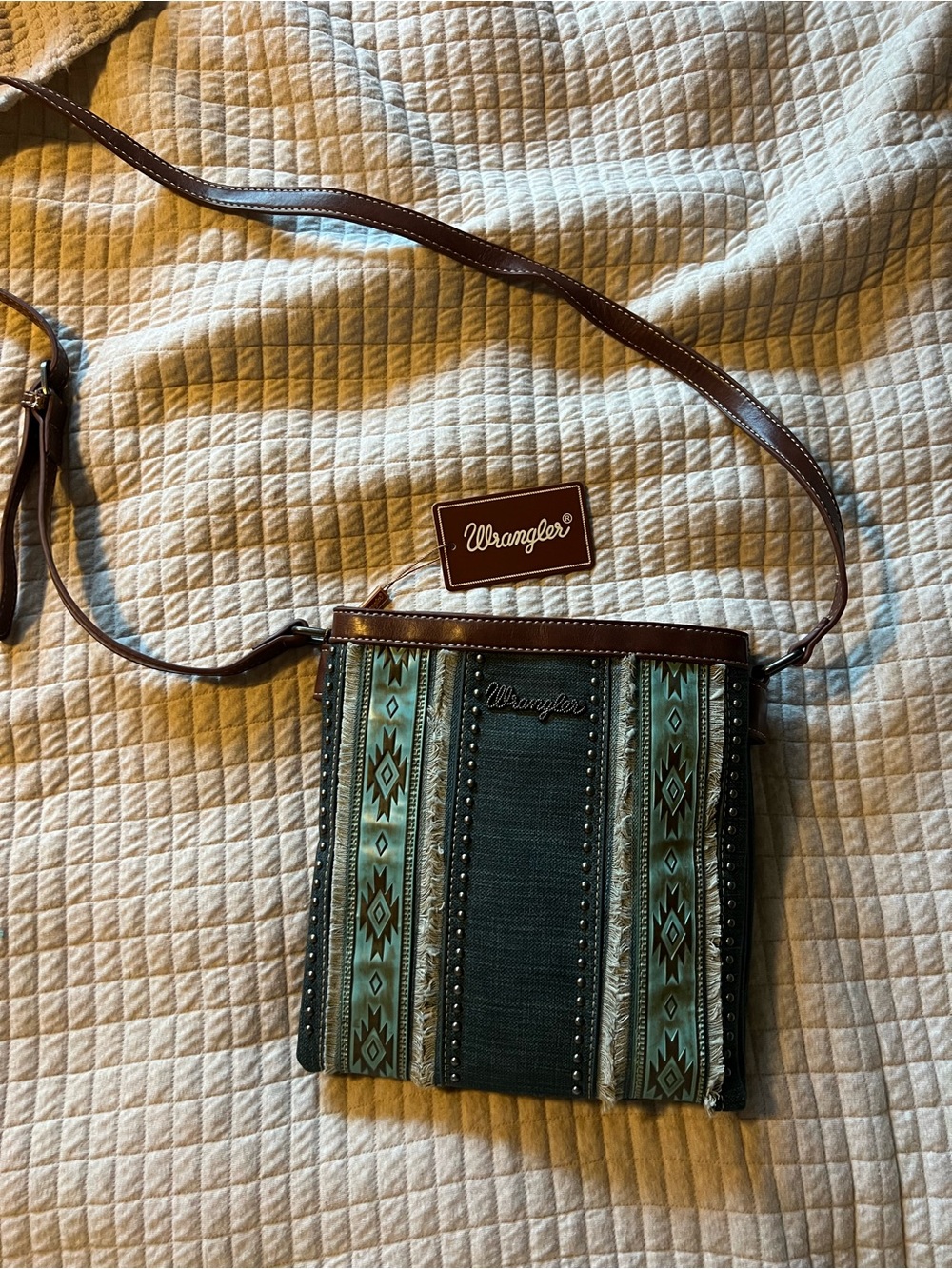 Wrangler Teal and Brown Southwestern Crossbody Bag